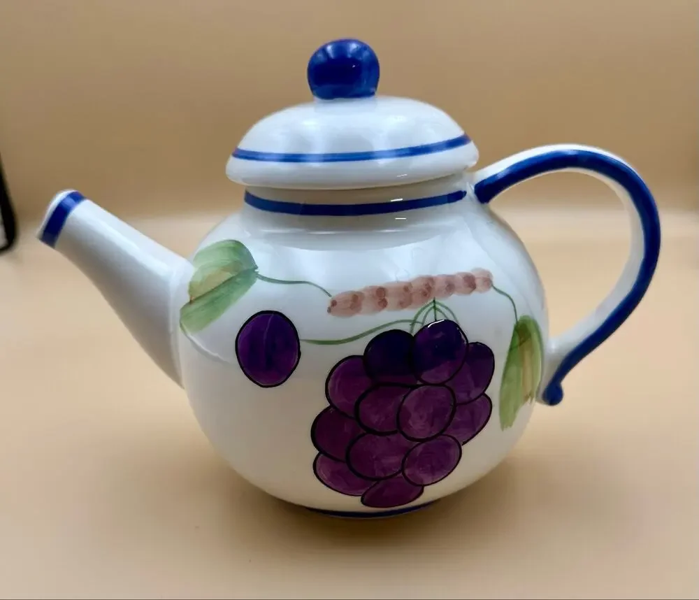 Vintage CBK Ltd China Porcelain Teapot Hand Painted Grapes Blue Trim Cottagecore